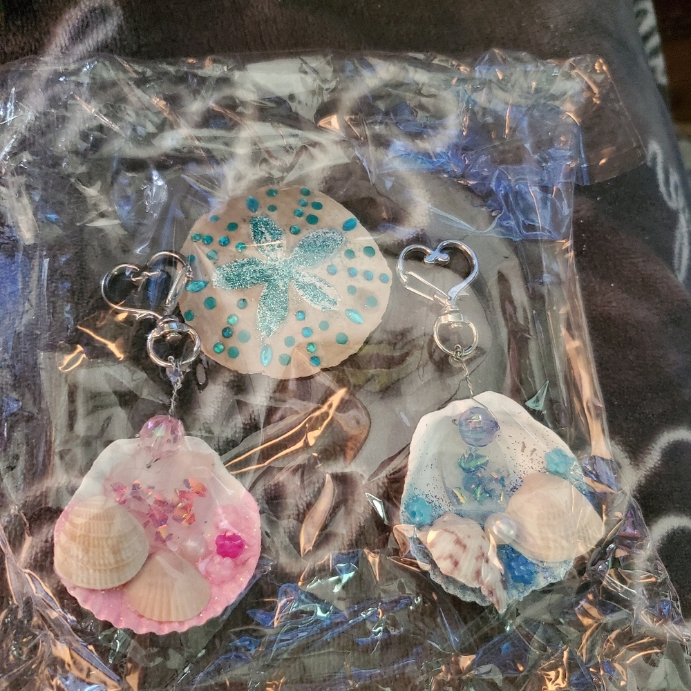 Seashell and Starfish Keychain Trio